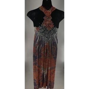 S-12 Women's Paisley Print Maxi Dress Lace Back Halter Neck Orange Purple Large
